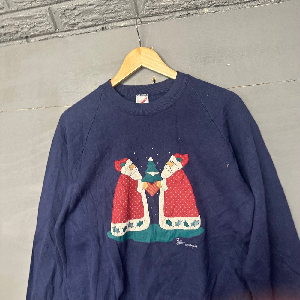 Vintage Jerzees Navy Blue Christmas Santa Sweatshirt Graphic Crewneck Size L